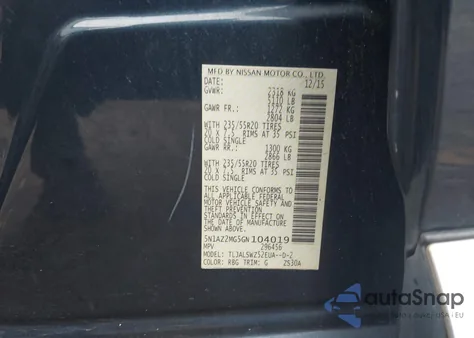 2016 Nissan Murano Platinum из США, поврежденный, VIN 5N1AZ2MG5GN104019